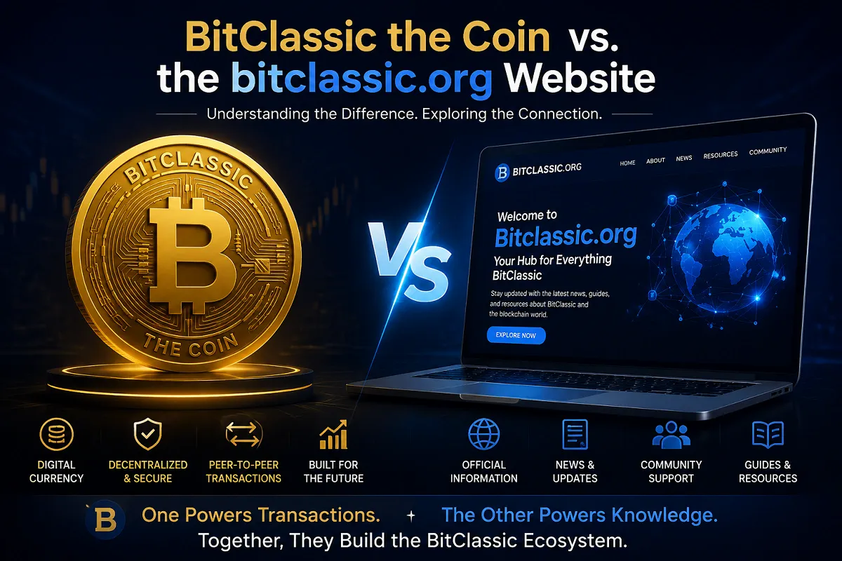 Split comparison graphic showing BitClassic coin versus the bitclassic.org website on a laptop with a central “VS” divider.