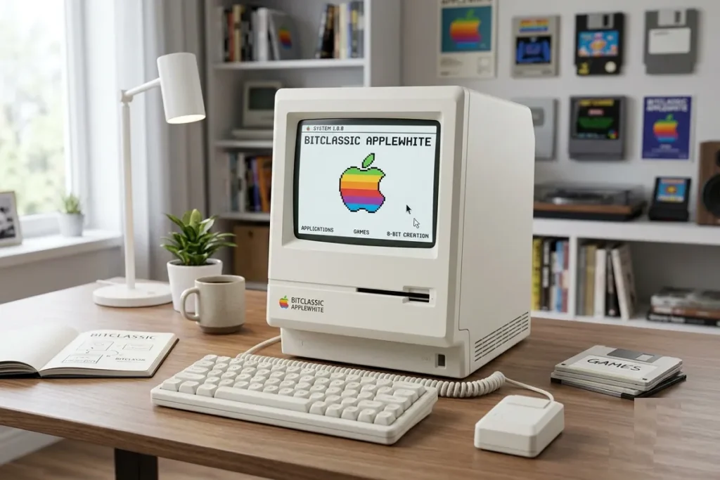 A vintage-style computer setup on a wooden desk displaying "BitClassic AppleWhite" on its screen.