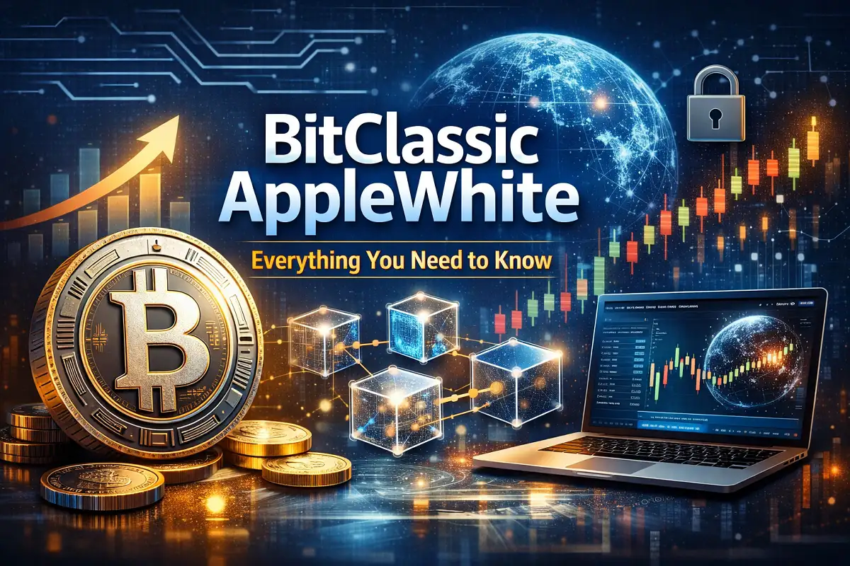 BitClassic AppleWhite cryptocurrency concept with blockchain network, crypto charts, and digital coin illustration.