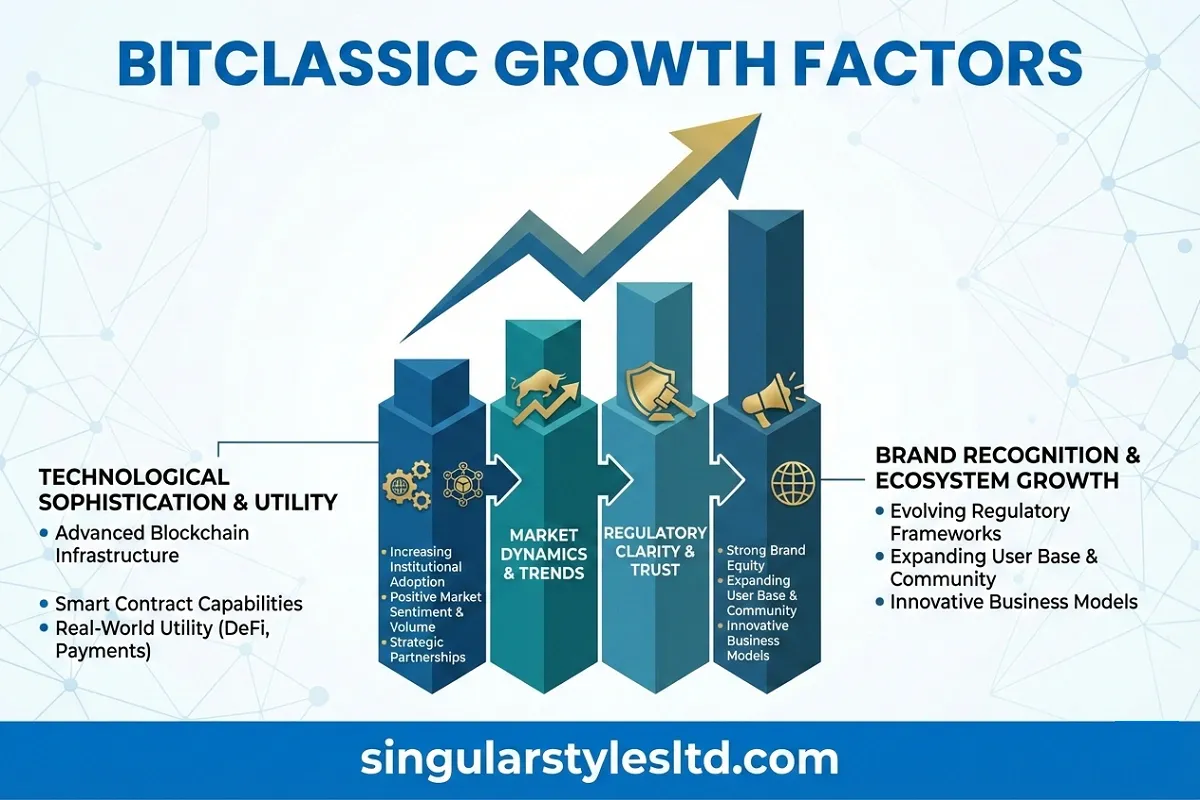 An infographic titled "BitClassic Growth Factors" featuring a rising 3D bar chart and arrow. It outlines key pillars like technological utility, market dynamics, and regulatory trust, with the website "singularstylesltd.com" displayed at the bottom.