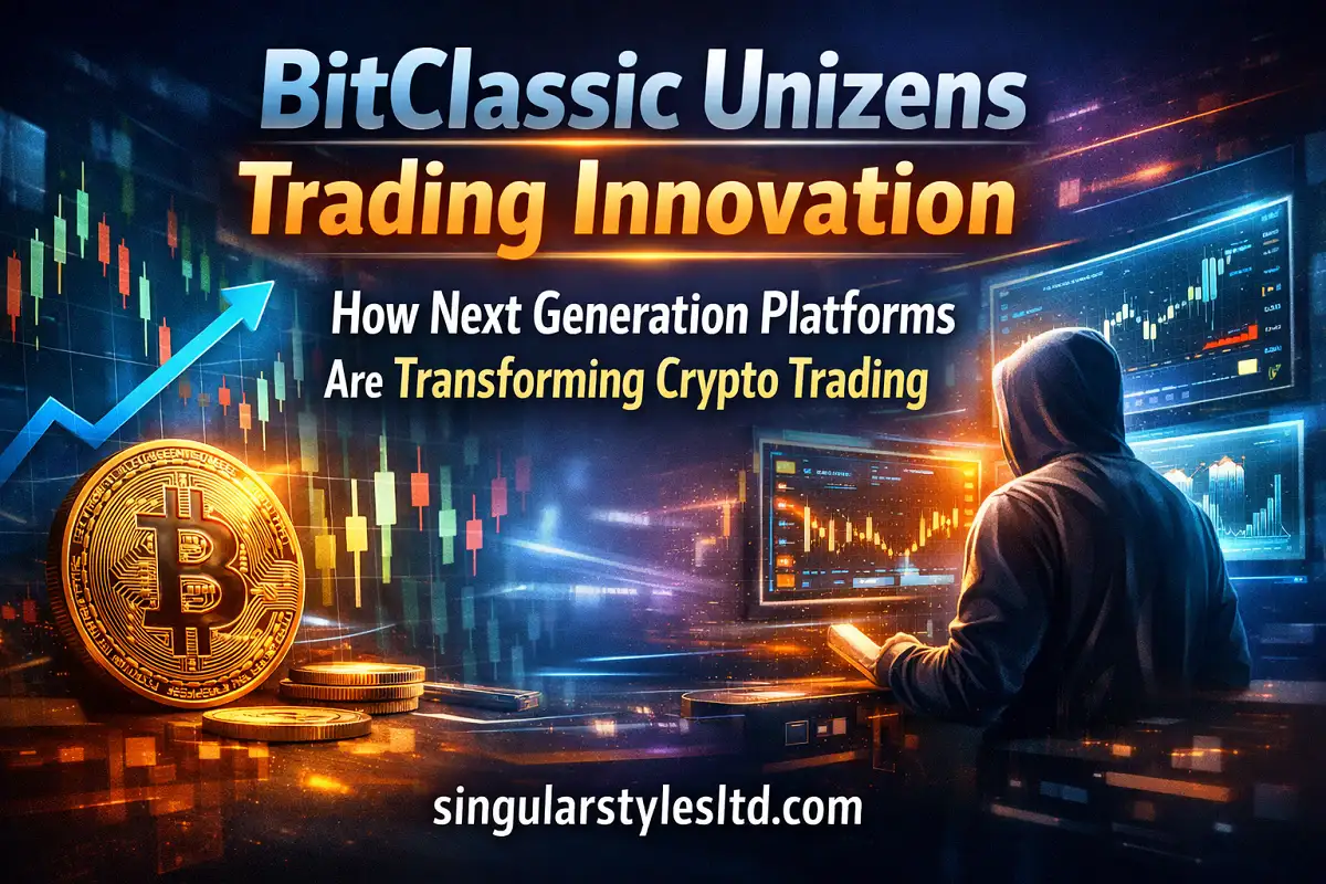 Futuristic crypto trading graphic with Bitcoin coin, rising chart, trader at screens, and text “BitClassic Unizens Trading Innovation” plus singularstylesltd.com.