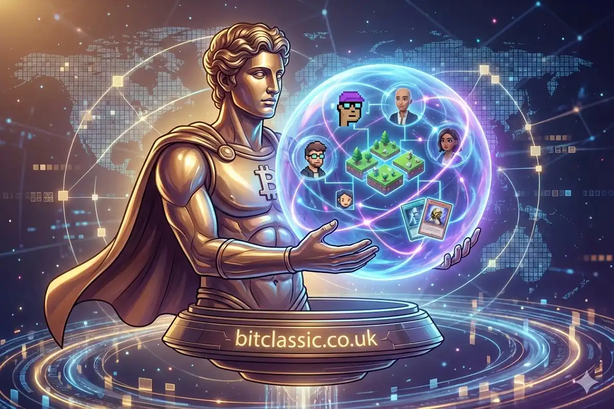 Gemini said An artistic digital illustration featuring a golden classical statue holding a glowing orb that contains various NFT icons, including pixel art and digital collectibles. The website name "bitclassic.co.uk" is displayed on the statue's base against a high-tech, glowing blue background.