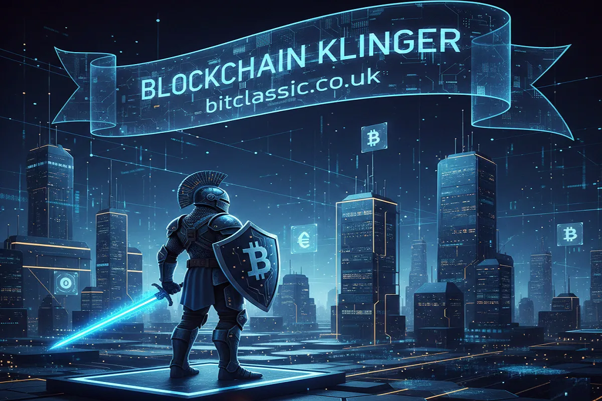 A futuristic, blue-toned digital cityscape featuring a knight in armor with a Bitcoin shield and glowing sword. Above, a translucent banner displays the text "BLOCKCHAIN KLINGER bitclassic.co.uk."