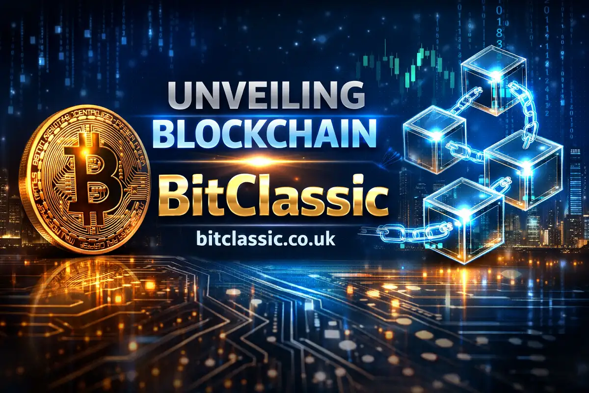 BitClassic blockchain concept with Bitcoin coin and connected digital blocks.