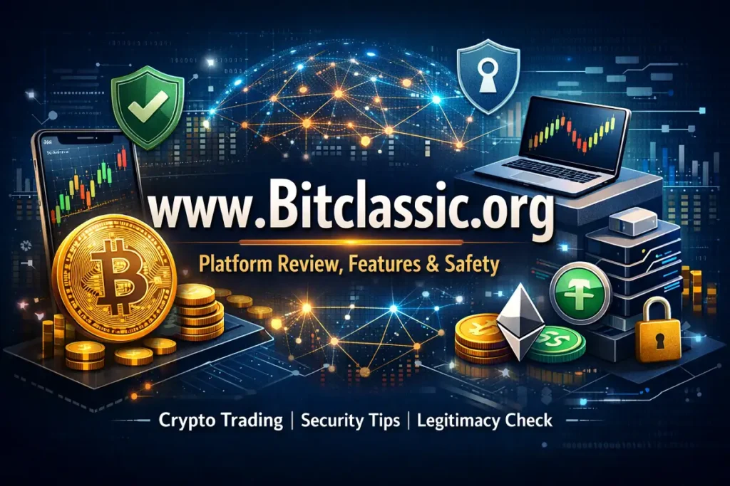 Digital cryptocurrency dashboard interface representing www Bitclassic .org platform and blockchain trading concept.