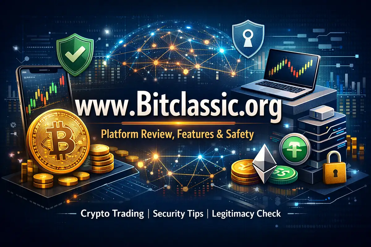 Digital cryptocurrency dashboard interface representing www Bitclassic .org platform and blockchain trading concept.