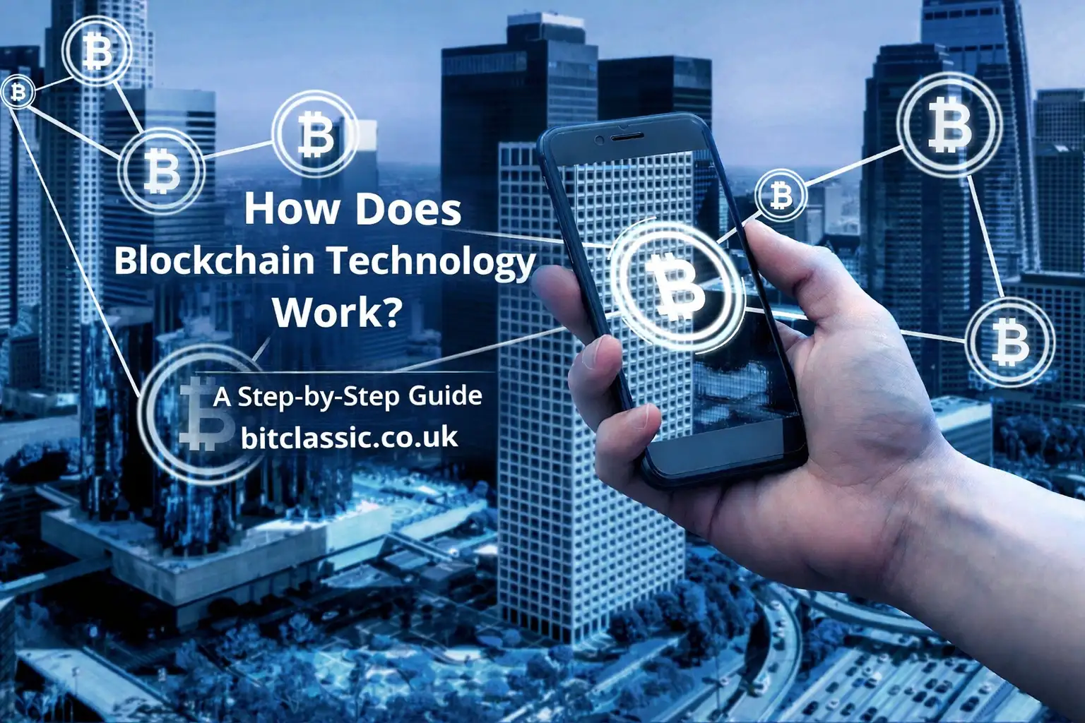 Blockchain network concept with smartphone, Bitcoin icons, and city background, featuring the text “How Does Blockchain Technology Work? A Step-by-Step Guide” and bitclassic.co.uk.