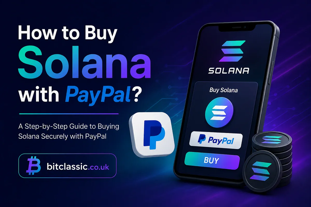 Solana purchase with PayPal on a smartphone, featuring crypto coins and bitclassic.co.uk branding.