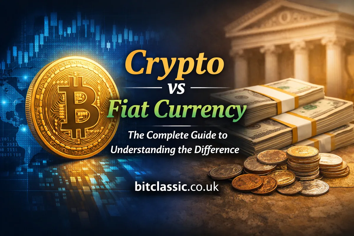 Crypto vs fiat currency comparison graphic featuring Bitcoin, digital charts, cash stacks, and coins with bitclassic.co.uk branding.