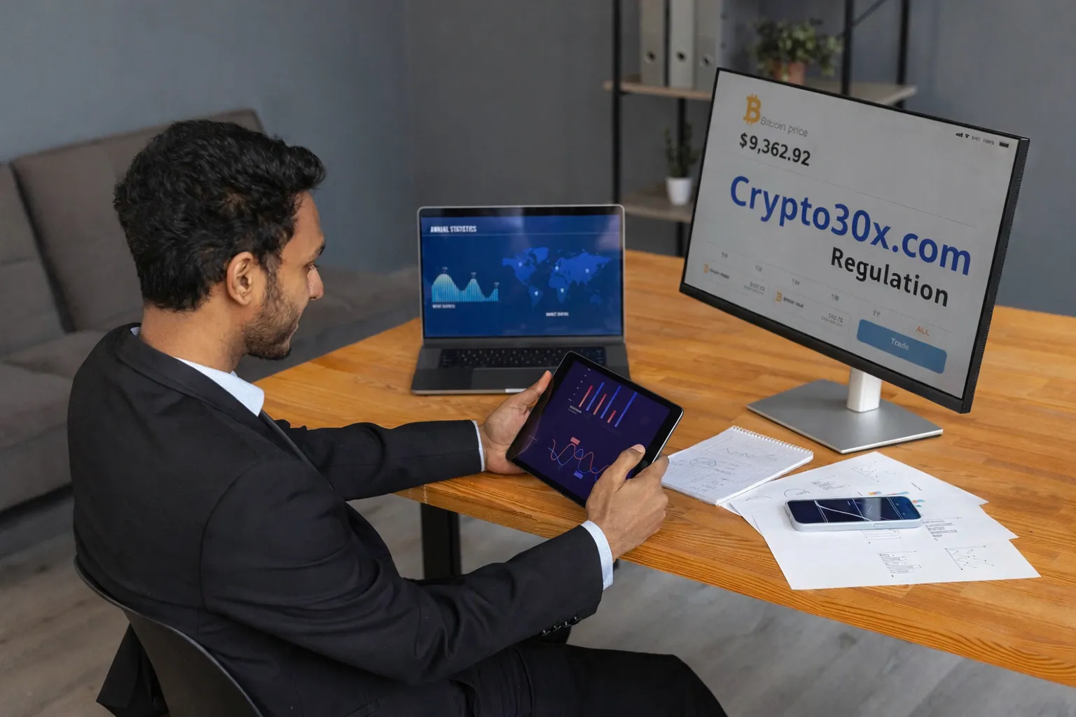 Businessman analyzing crypto charts on multiple screens with “Crypto30x.com Regulation” displayed on monitor.