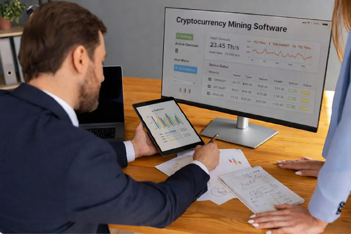 Business professionals analyzing cryptocurrency mining software data on tablet and desktop screens at an office desk.