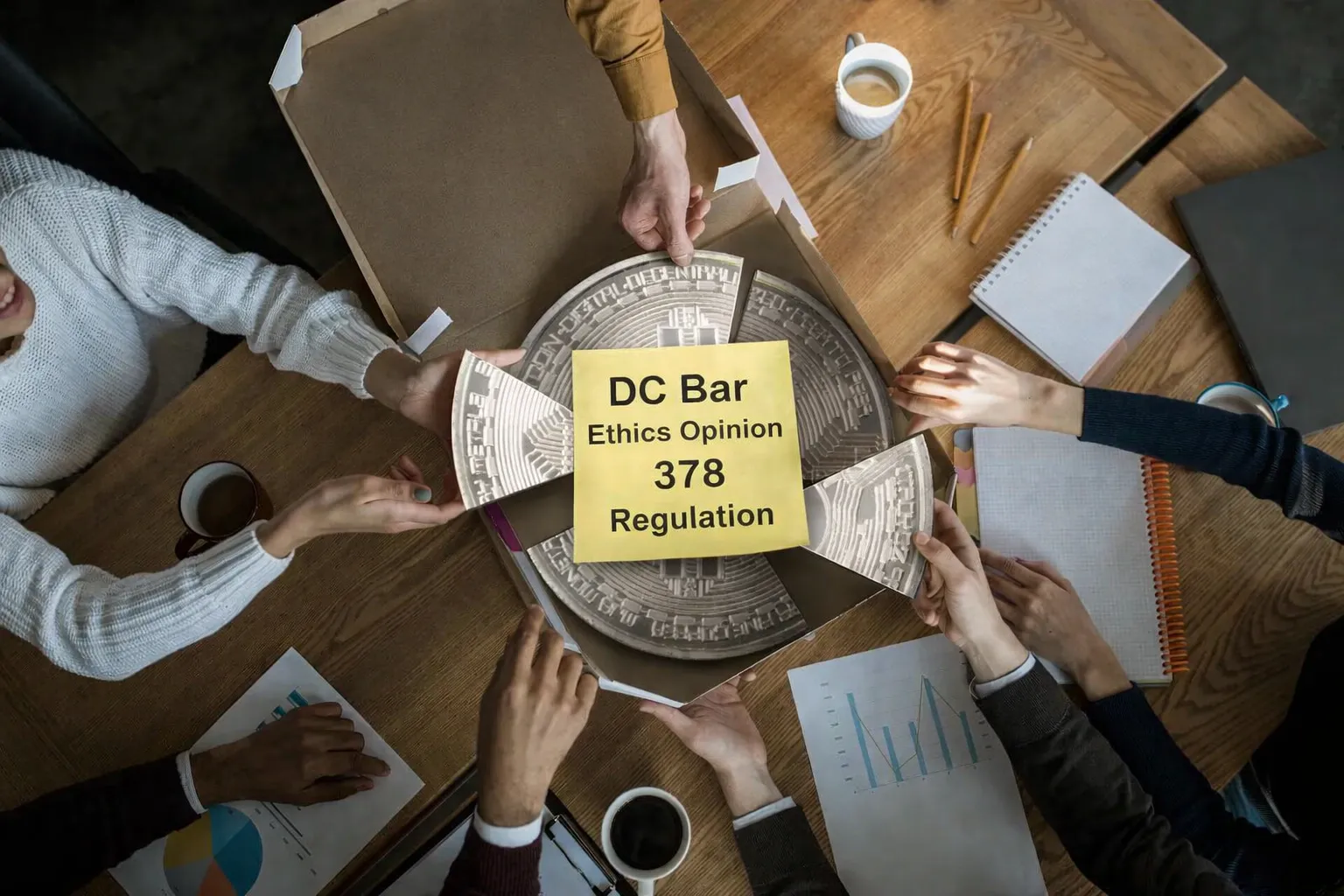 Team sharing a segmented Bitcoin-like pie chart with a note reading “DC Bar Ethics Opinion 378 Regulation” on a wooden desk with charts and coffee.