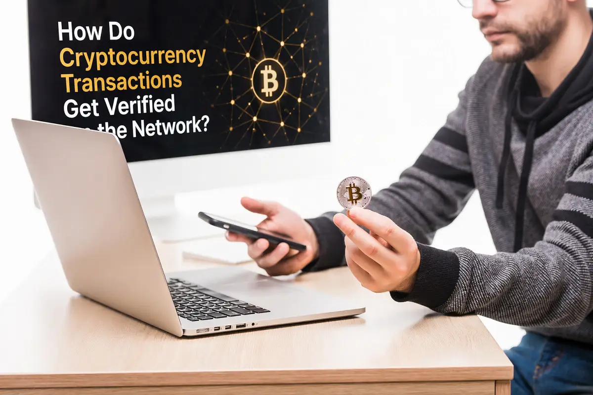 Man holding Bitcoin and smartphone while viewing laptop screen about cryptocurrency transaction verification.