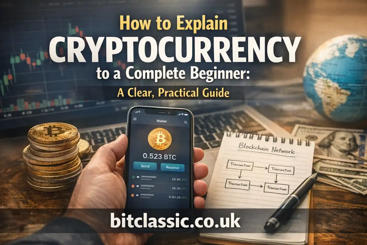 Realistic crypto guide banner showing smartphone wallet, Bitcoin coins, laptop charts, and notebook, with title and “bitclassic.co.uk” branding.