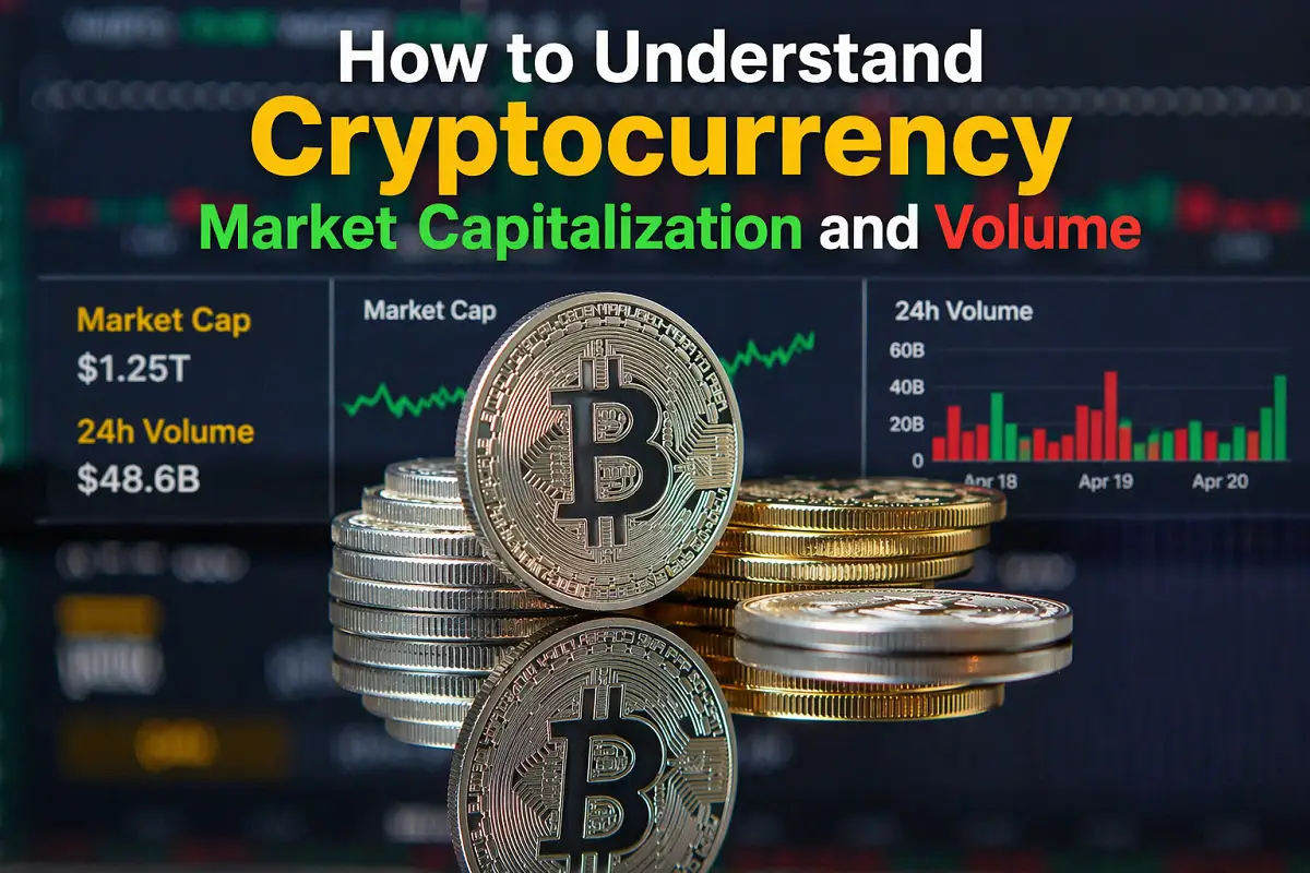 Cryptocurrency market capitalization and volume concept with Bitcoin coins and trading chart background.