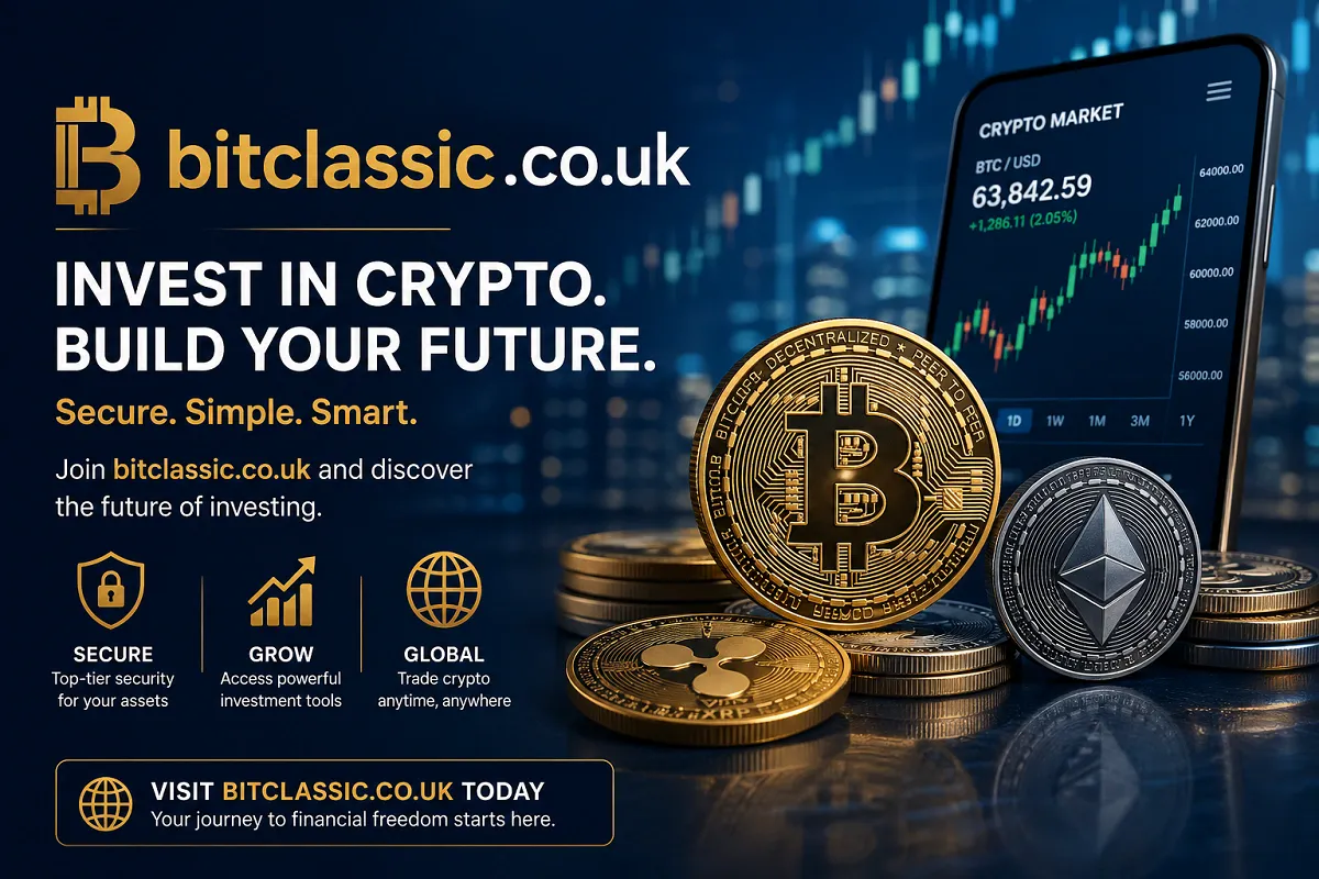 Invest1now cryptocurrency concept with Bitclassic.co.uk branding, crypto coins, and rising market chart on smartphone.