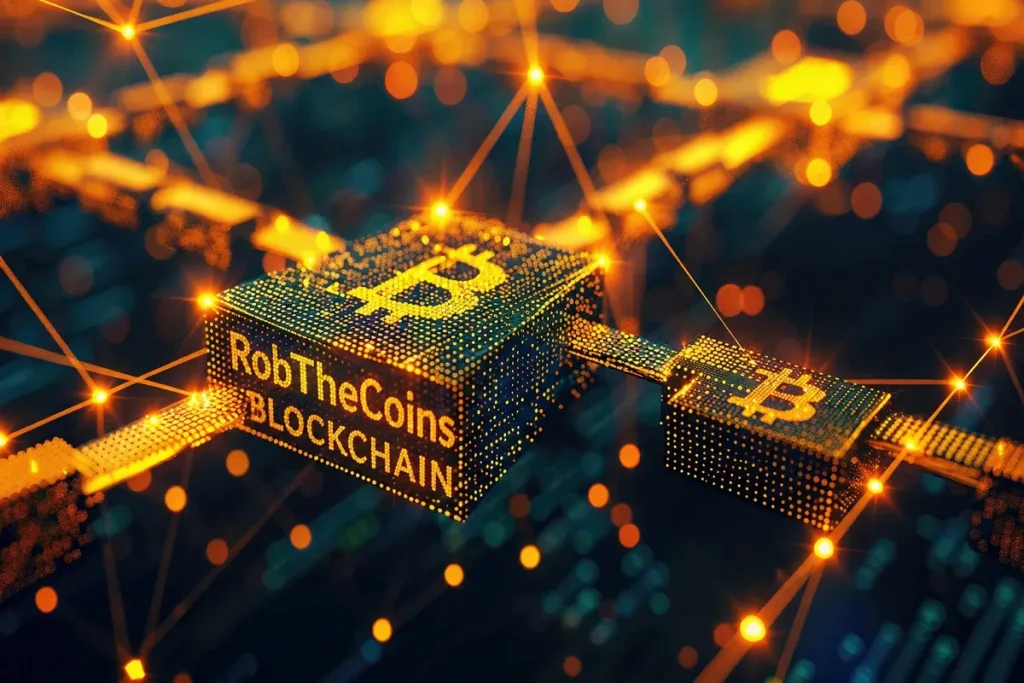 RobTheCoins Blockchain glowing cube with Bitcoin symbol connected in a futuristic digital network.