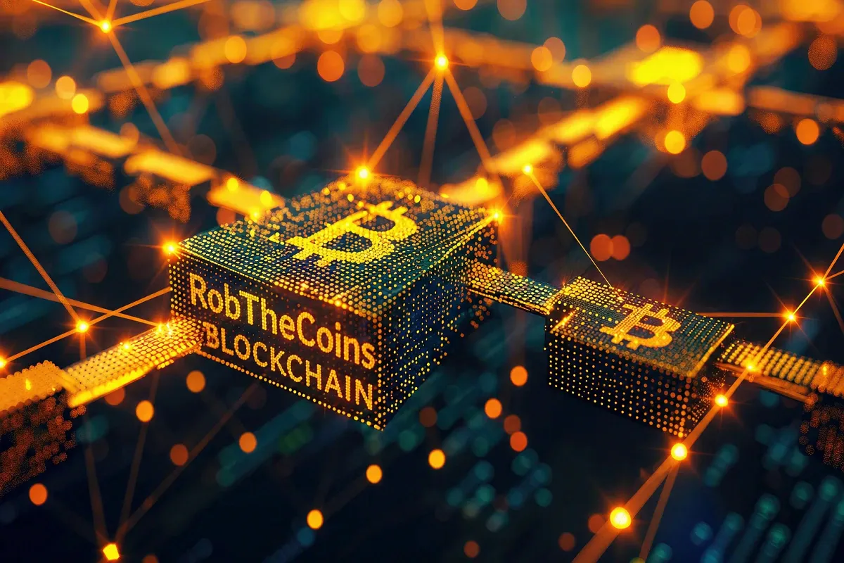 RobTheCoins Blockchain glowing cube with Bitcoin symbol connected in a futuristic digital network.