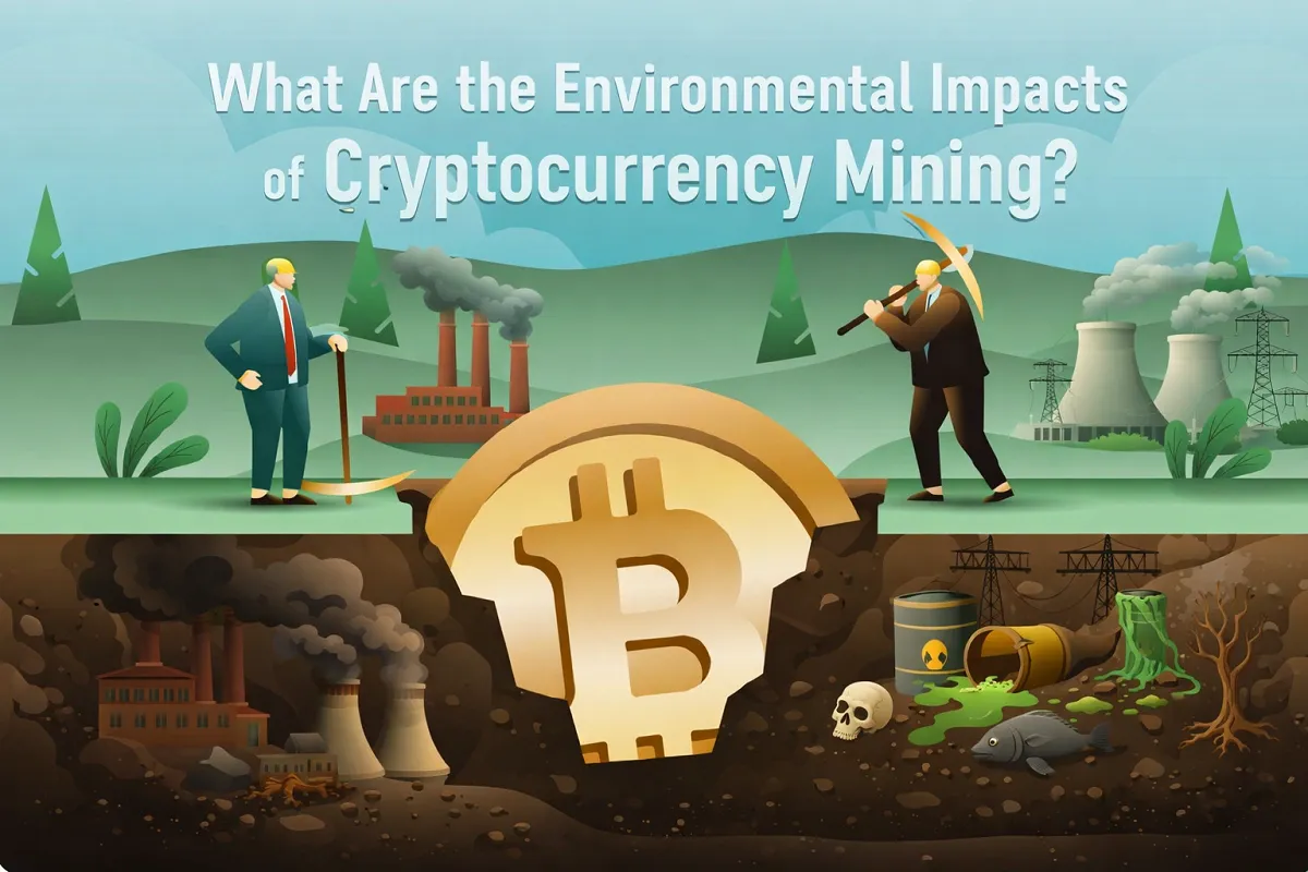 Illustration showing cryptocurrency mining’s environmental impact, with pollution, factories, and a Bitcoin symbol underground.