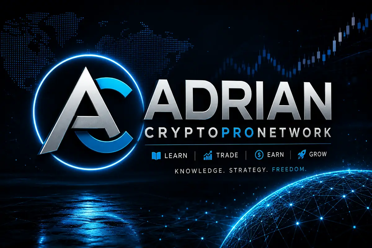 Futuristic crypto-themed banner with “Adrian CryptoProNetwork” branding, glowing blue accents, and digital financial graphics.