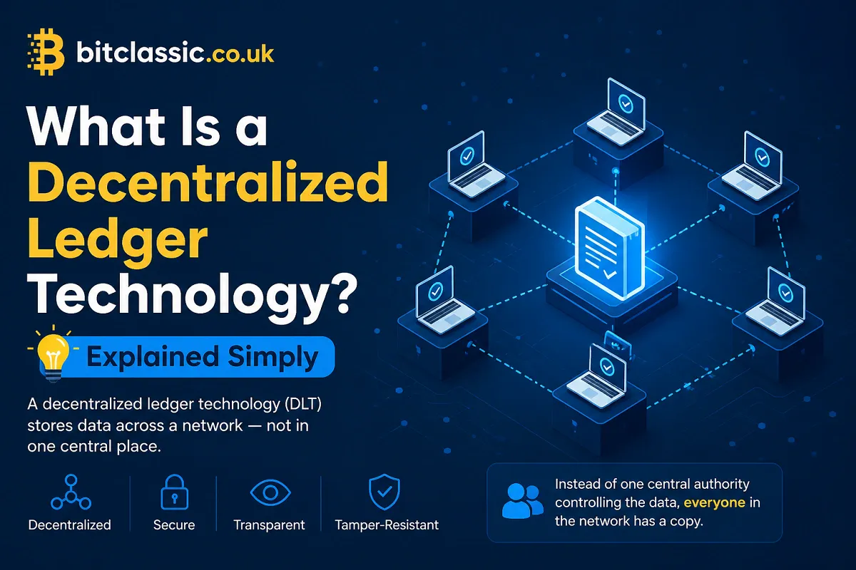Decentralized ledger technology network illustration with connected blockchain nodes and bitclassic.co.uk branding.