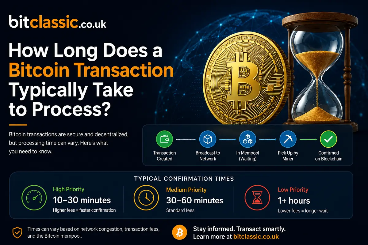 Bitcoin transaction confirmation times infographic with a gold Bitcoin coin, hourglass, and processing timeline for bitclassic.co.uk.