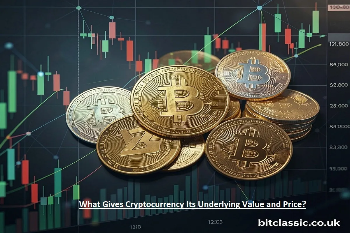 What Gives Cryptocurrency Its Underlying Value and Price cryptocurrency coins with trading chart background for bitclassic.co.uk
