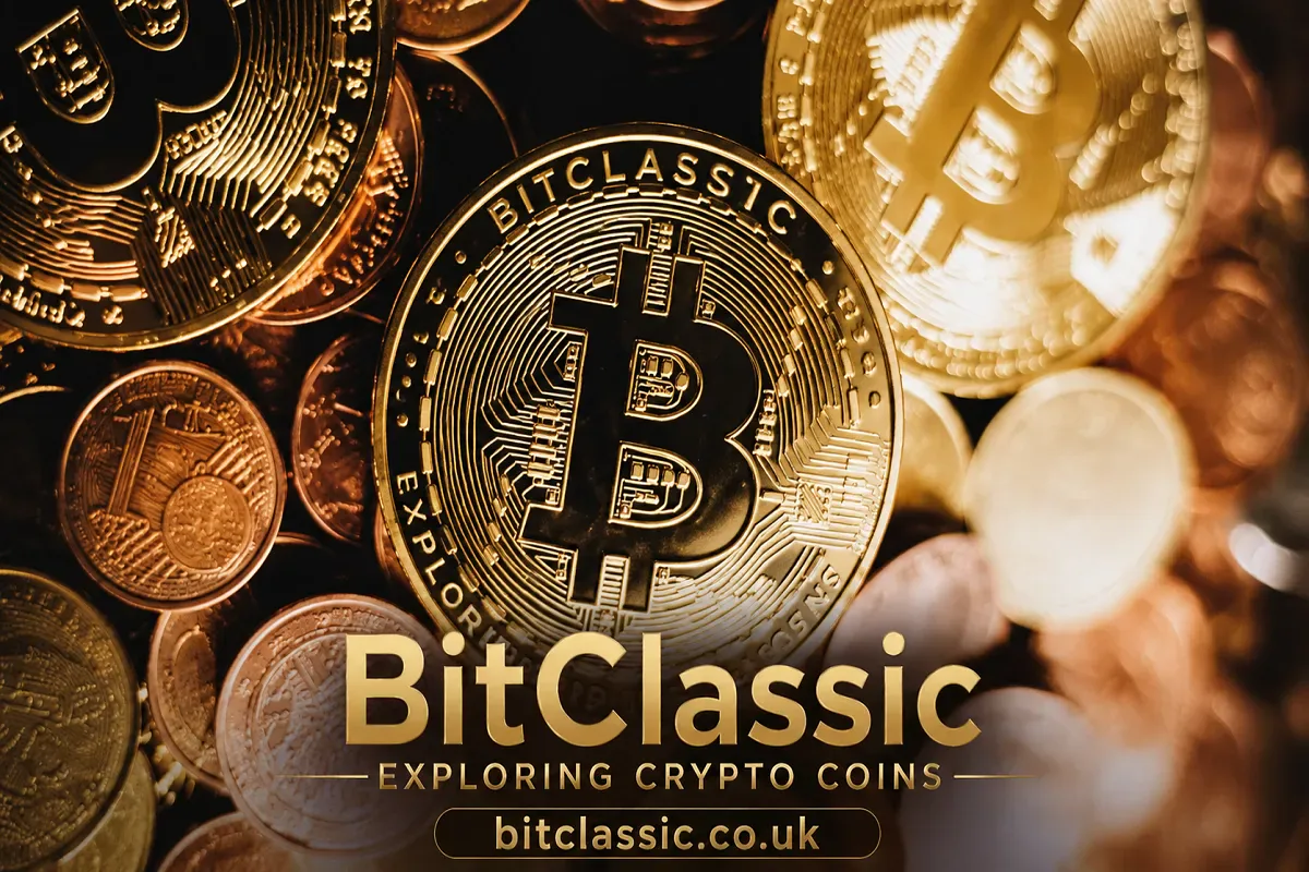 BitClassic Exploring Crypto Coins banner featuring gold Bitcoin and cryptocurrency coins with bitclassic.co.uk branding.