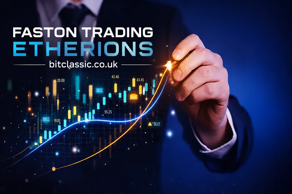Faston Trading Etherions branding on a futuristic financial trading chart with rising market trends and the website bitclassic.co.uk displayed prominently.