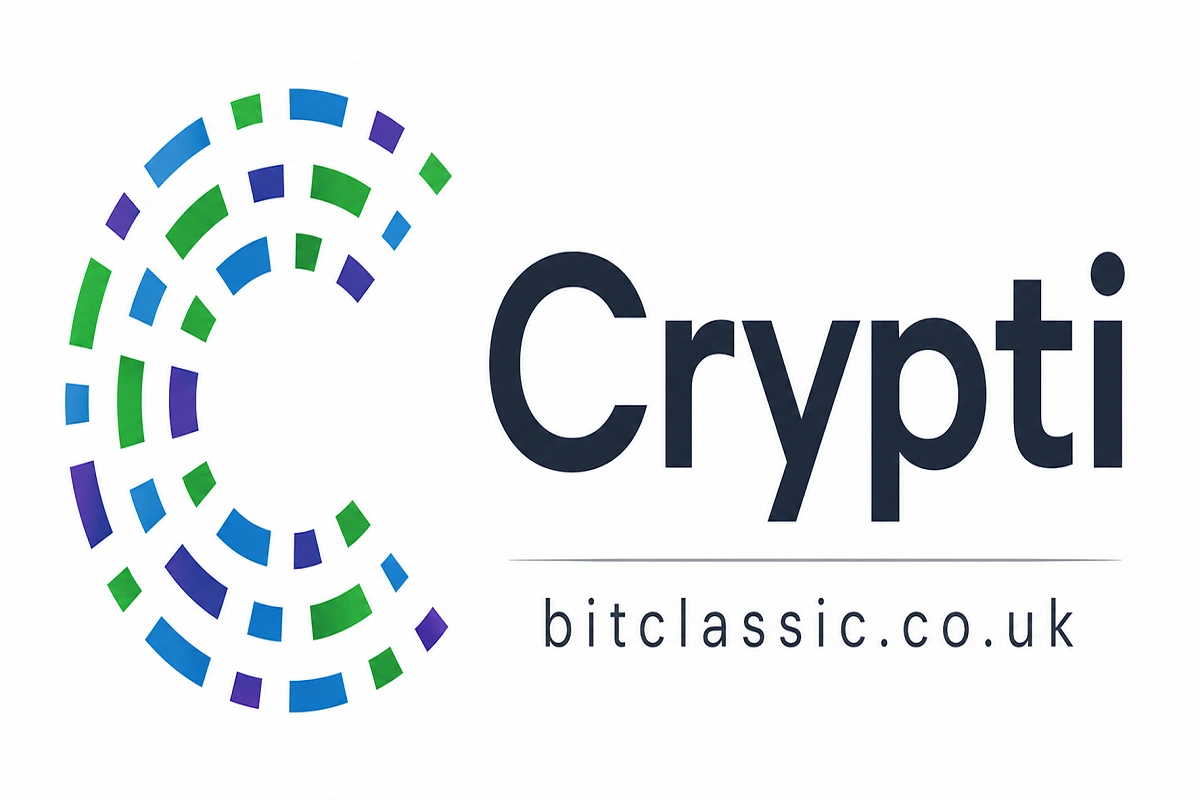 Professional Crypti logo with a colorful circular blockchain-inspired design and the site name bitclassic.co.uk displayed beneath the brand name.