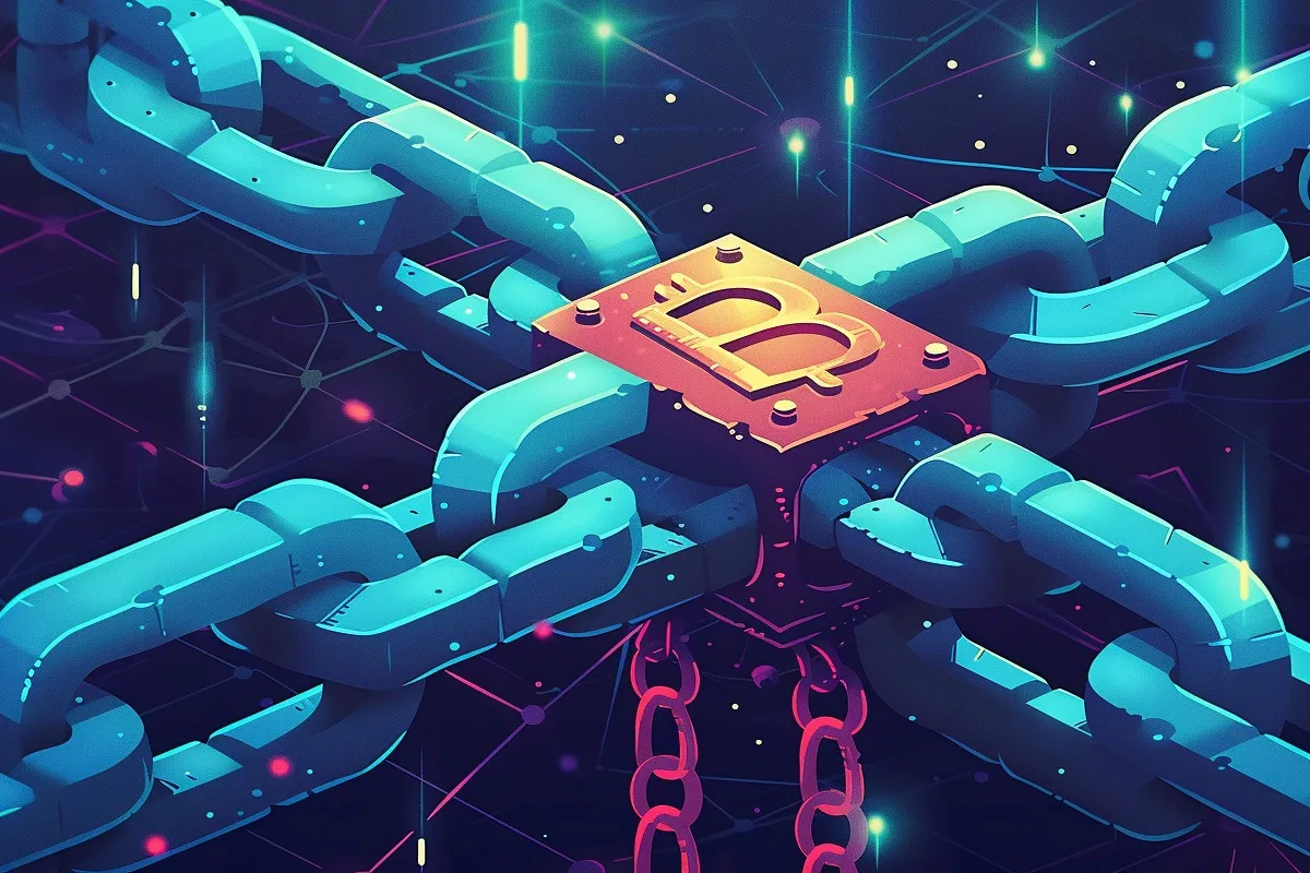 Colorful blockchain illustration featuring interconnected chains and a glowing Bitcoin symbol in a futuristic digital network.