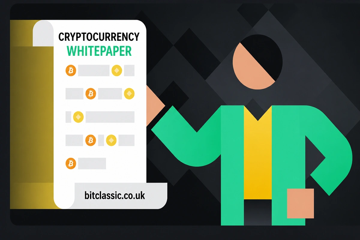 Cryptocurrency whitepaper illustration featuring a document with crypto icons, a presenter figure, and the website bitclassic.co.uk.