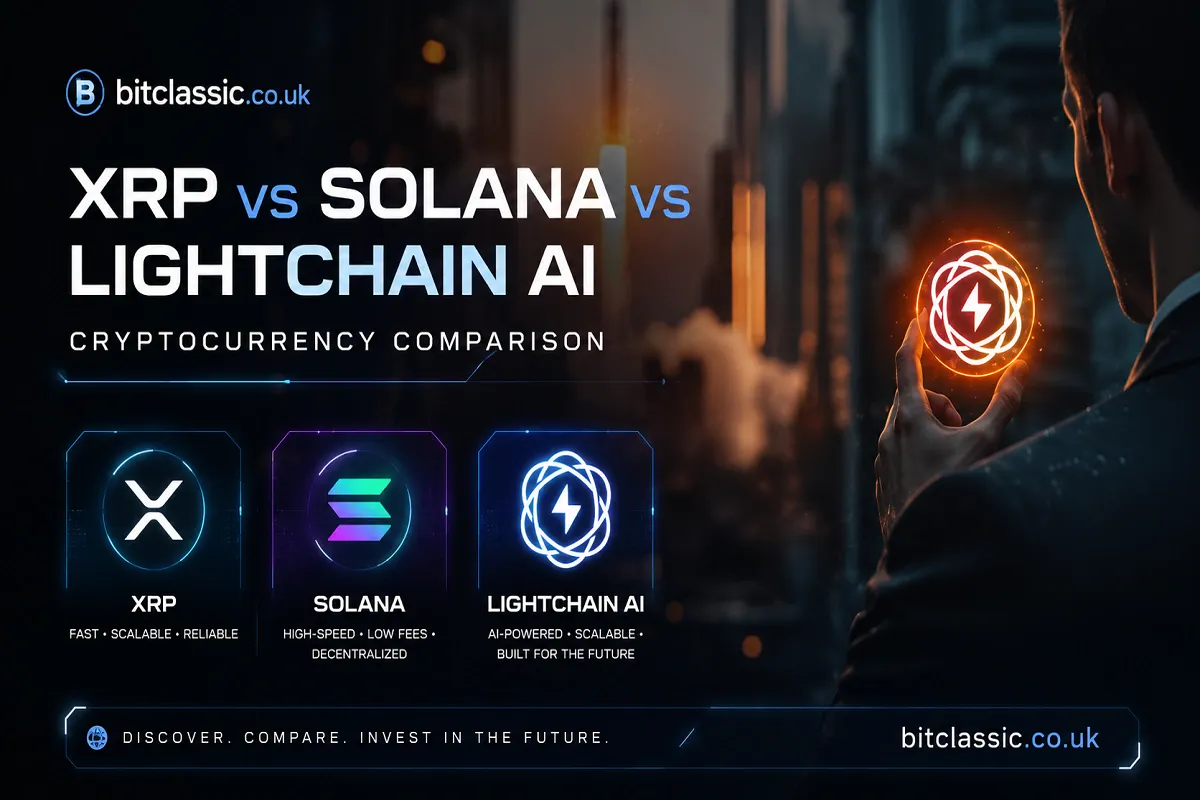 XRP Solana Lightchain AI cryptocurrency comparison graphic with glowing crypto icons, futuristic city background, and bitclassic.co.uk branding.