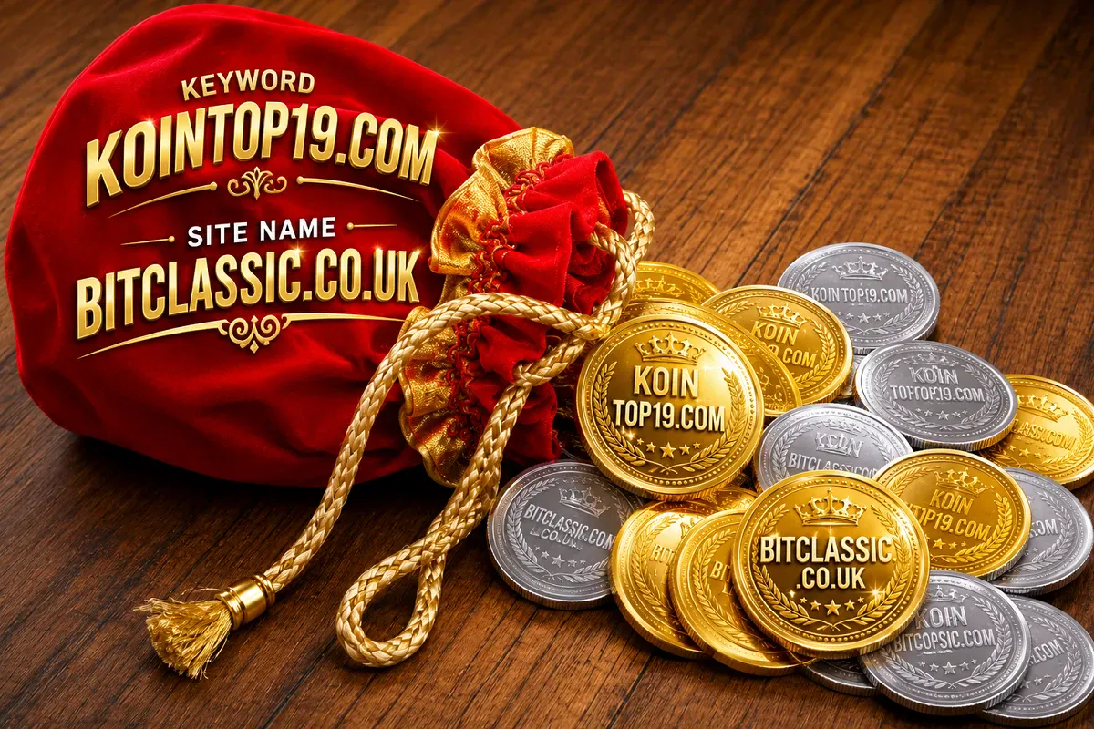 Red money pouch with gold and silver coins, featuring the text “koin top19.com” and “bitclassic.co.uk” on a wooden surface.
