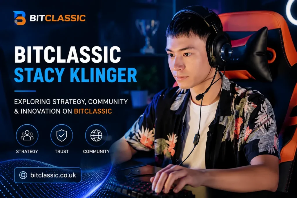 Professional promotional image featuring a gamer wearing a headset at a computer setup with the title "Bitclassic Stacy Klinger" displayed prominently in a modern blue-themed design.