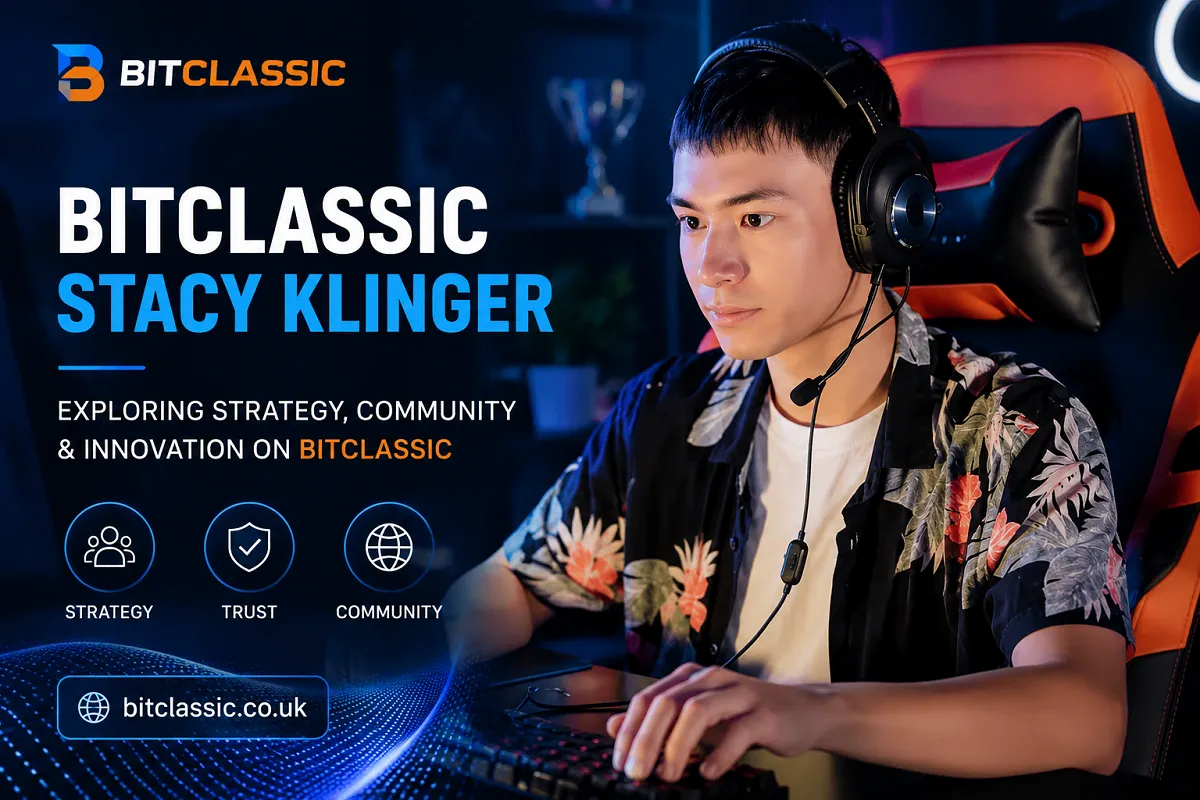 Professional promotional image featuring a gamer wearing a headset at a computer setup with the title "Bitclassic Stacy Klinger" displayed prominently in a modern blue-themed design.