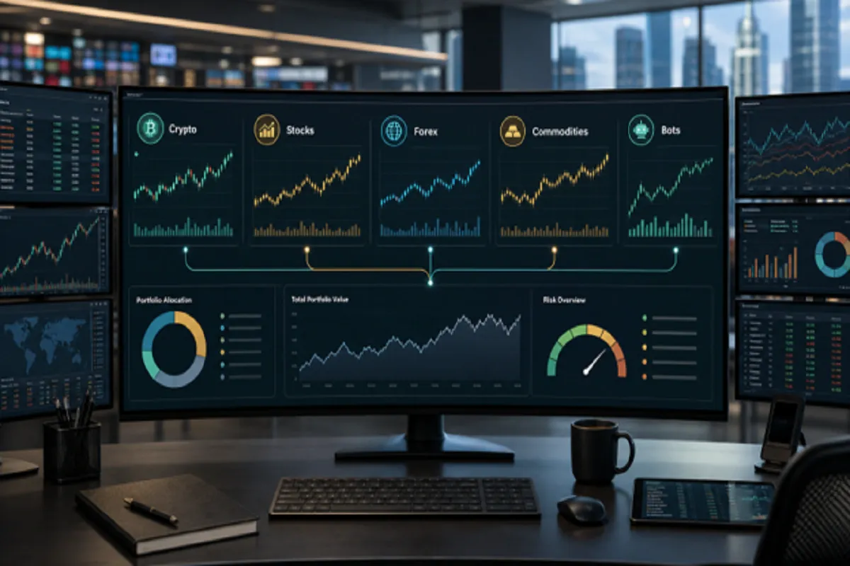 Multi-asset trading dashboard displaying crypto, stocks, forex, commodities, and portfolio analytics on multiple monitors.