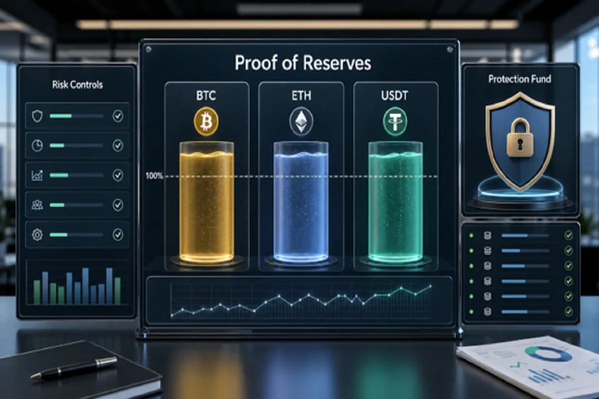 Proof of reserves dashboard showing BTC, ETH, USDT holdings, risk controls, and exchange security metrics.