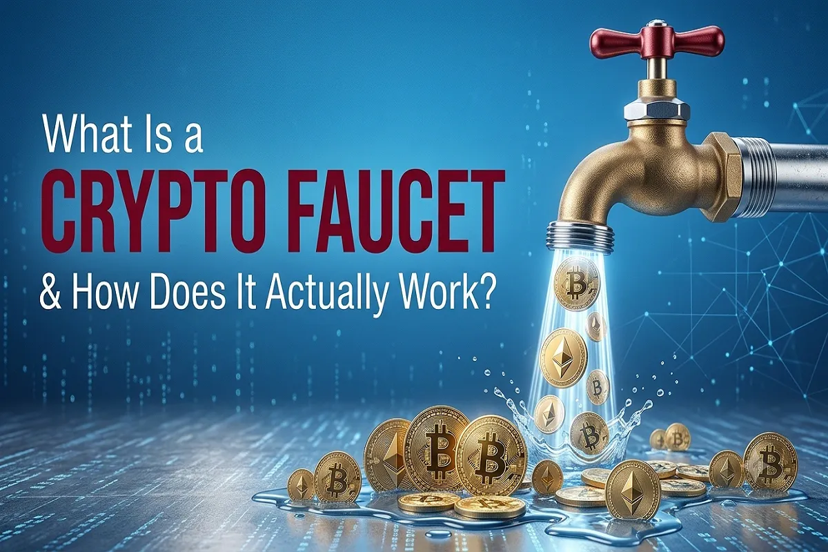 A brass faucet dispenses Bitcoin and Ethereum coins into a glowing digital stream on a binary code background. Text reads: "What Is a CRYPTO FAUCET & How Does It Actually Work?"